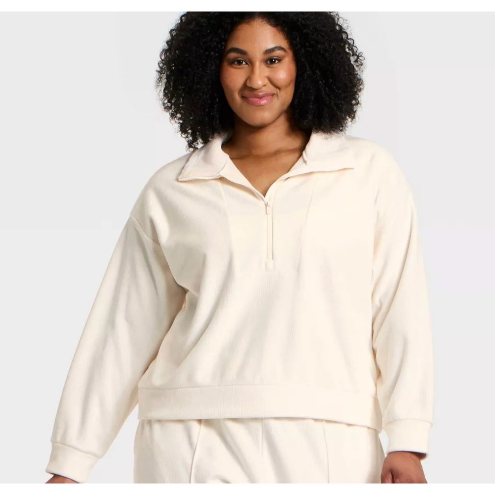 All In Motion Women's Ribb Sleek Ribbed 1/2 Zip Pullover Sweatshirt,Size S CREAM